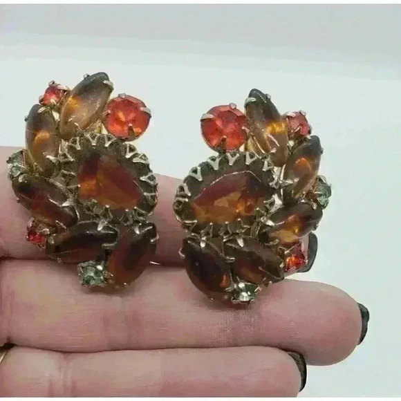Vintage 60s Big Earrings Rhinestone Molded Glass Chunky Big Statement - Picture 8 of 10